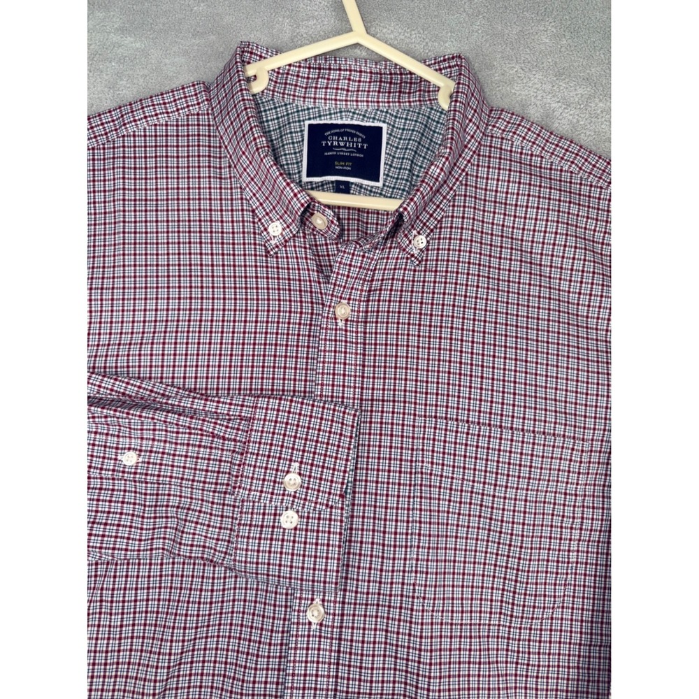 Charles Tyrwhitt Mens XL Slim Fit Non-Iron Red Micro Check Button Down‎ Shirt